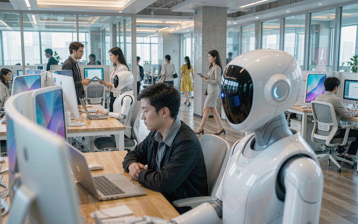 现代开放式办公室里员工与服务机器人并肩工作